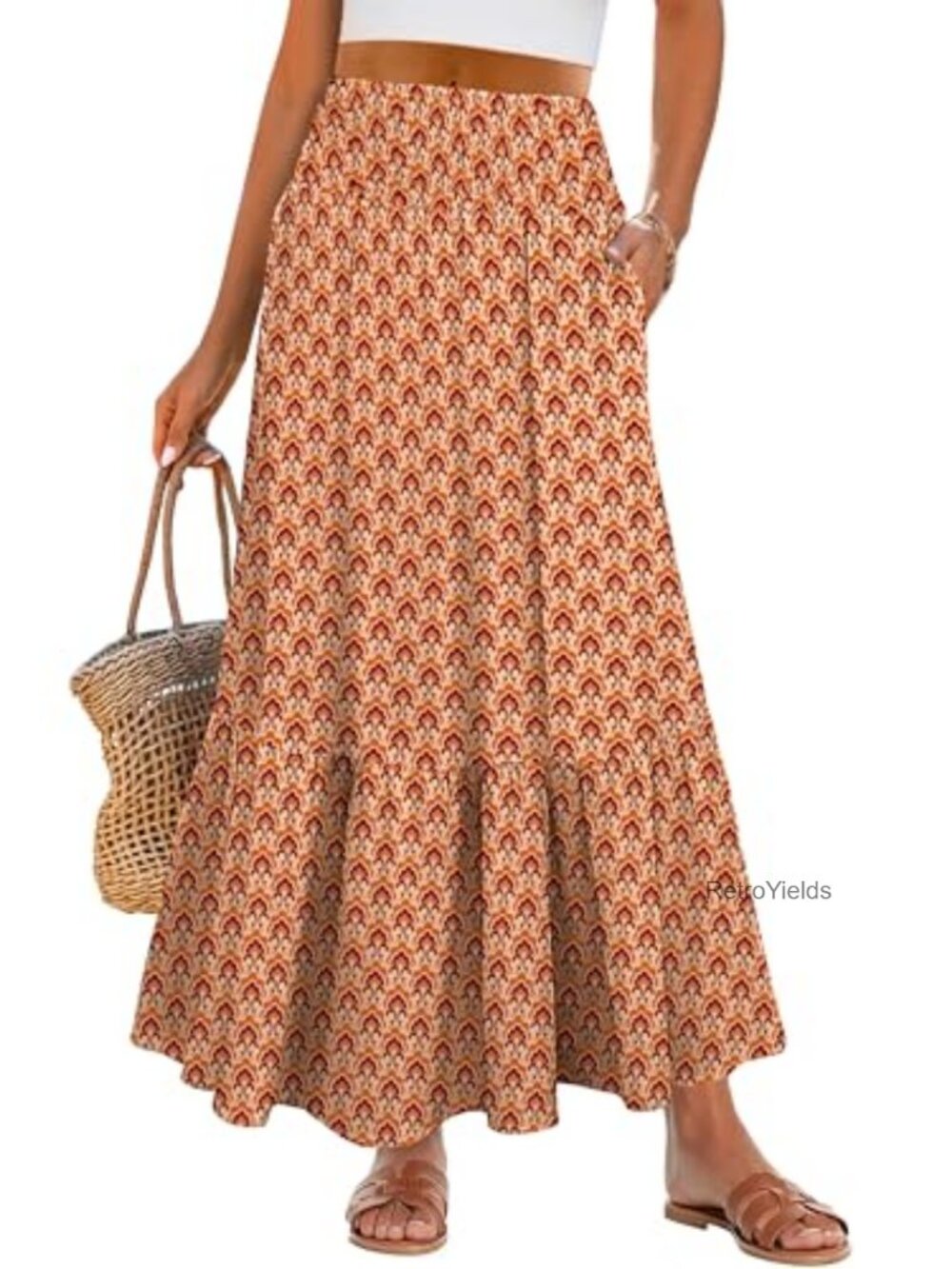 Boho Floral Maxi Skirt, High Waisted Tiered with Pockets, Flowy Beach Summer